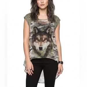 Mauve Camo Wolf Graphic Green Black Sheer High-Low Top Large